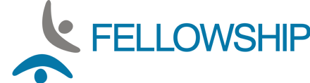 a blue and gray logo for fellowship with a person talking on a cell phone .