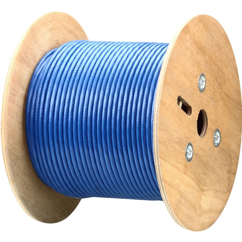 A spool of blue wire on a wooden spool