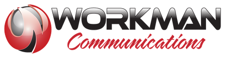 A logo for workman communications with a red sphere in the middle.