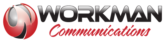 A logo for workman communications with a red sphere in the middle.