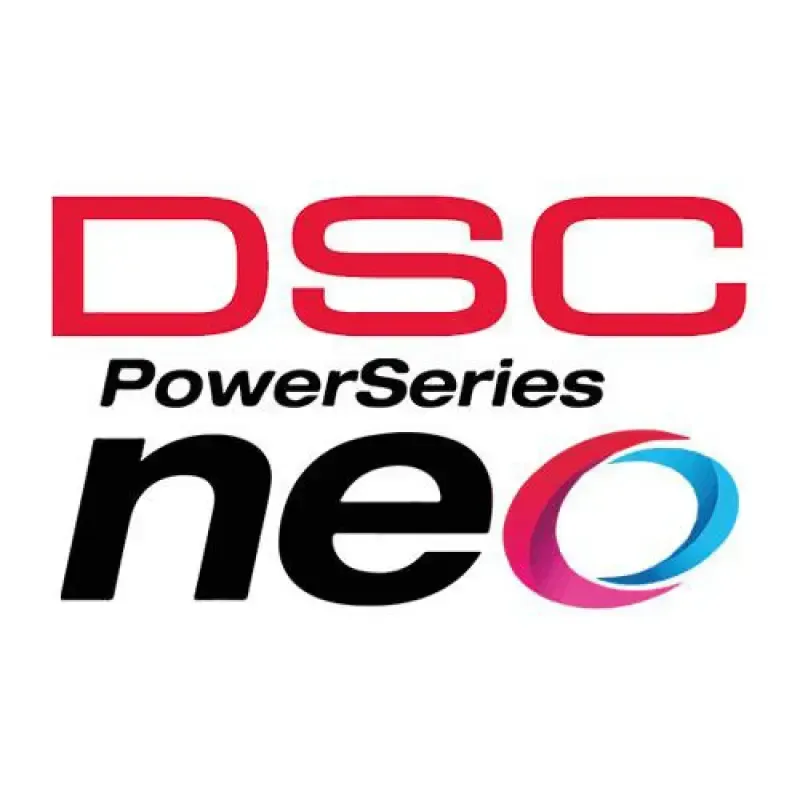 The logo for dsc powerseries neo is red and black