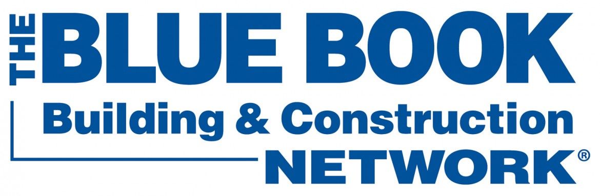 The blue book building and construction network logo is blue and white.