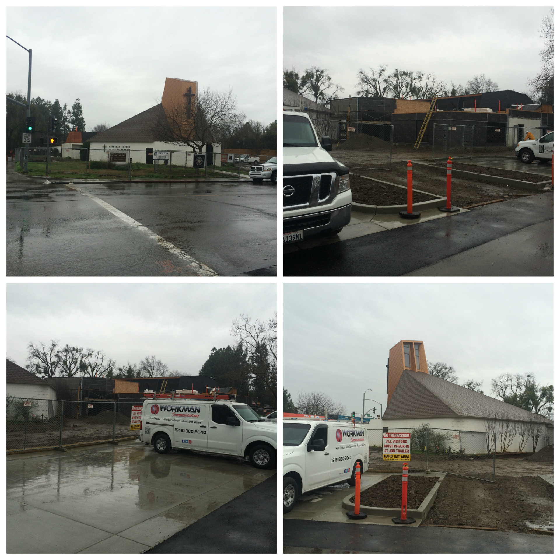 A collage of four pictures shows a white van parked on the side of the road