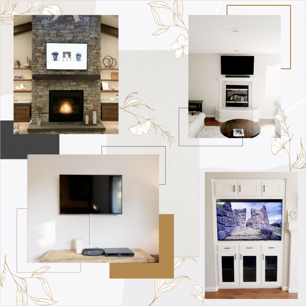 A collage of pictures of a fireplace and television