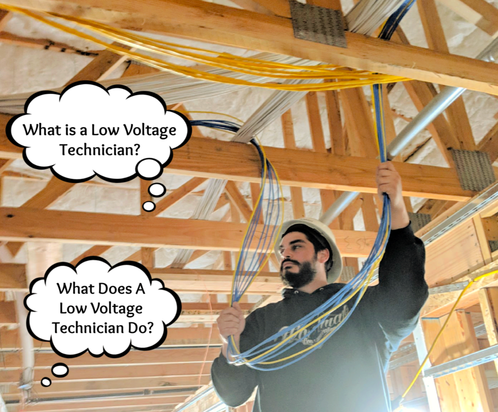 A man is working on electrical wires in a building and a thought bubble says what is a low voltage technician