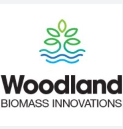 A logo for woodland biomass innovations with a tree and waves