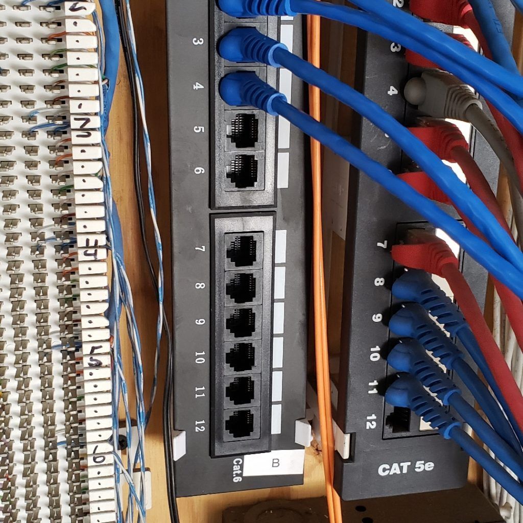 A bunch of wires are connected to a cat 6e box