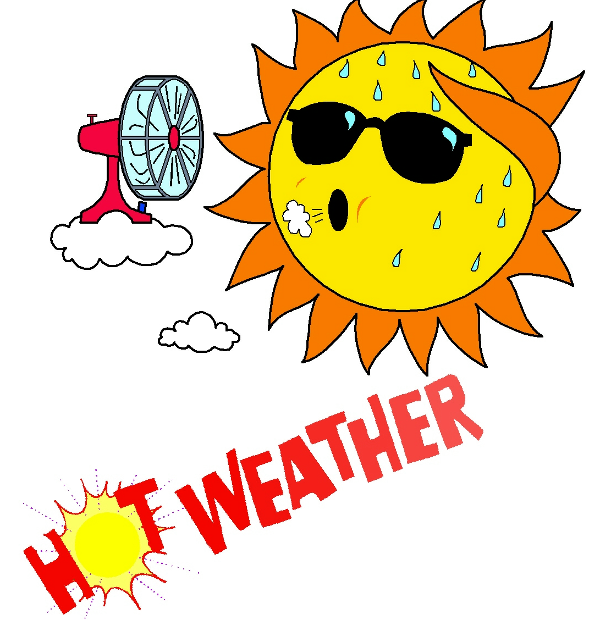 A cartoon of a sun wearing sunglasses next to the words hot weather