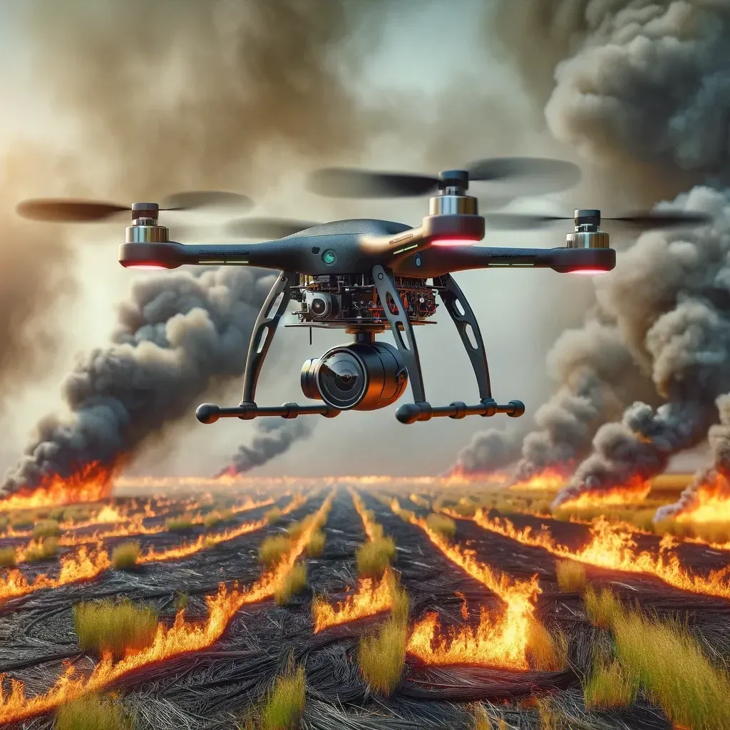 En drone flyr over et område rammet av gressbrann, utstyrt med sensorer for å oppdage varme og kartl