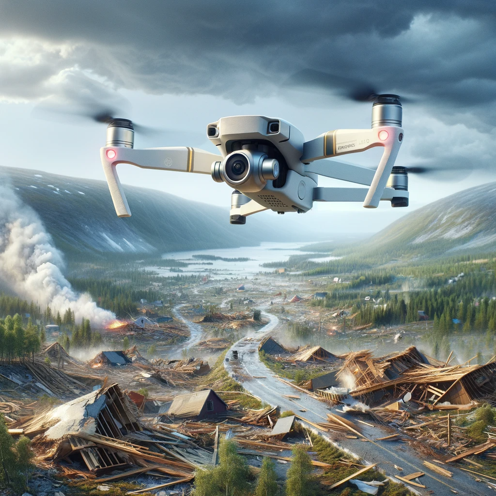 Drone fra Namdal Drone flyr over et stormrammet område i Namdalen, samler data for skadevurdering.