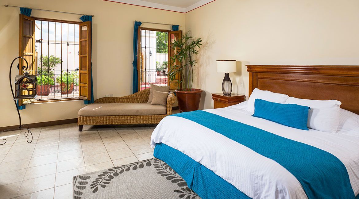 Un dormitorio con una cama tamaño king y una tumbona.