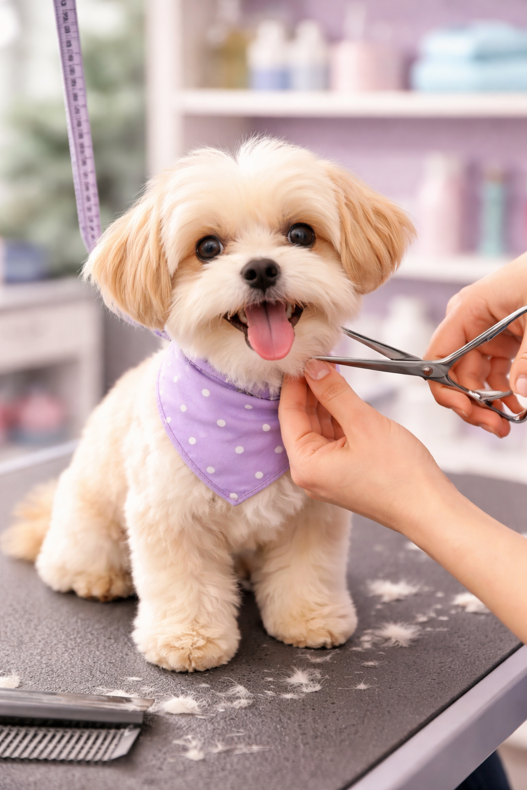 Dog getting groomed, wearing a purple polka-dot bandana; someone trims its neck with scissors.