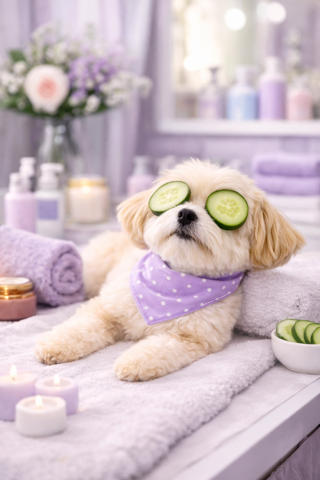 Shih Tzu dog at a spa, cucumbers on eyes, wearing a purple bandana, on a fluffy white towel.