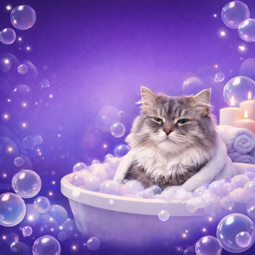 Cat in a bubble bath, wrapped in a towel, with candles and bubbles, all in a purple setting.
