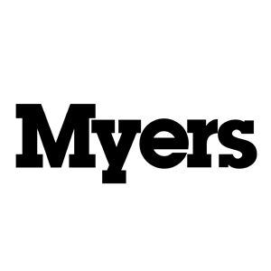 Un logo noir et blanc pour myers sur fond blanc.