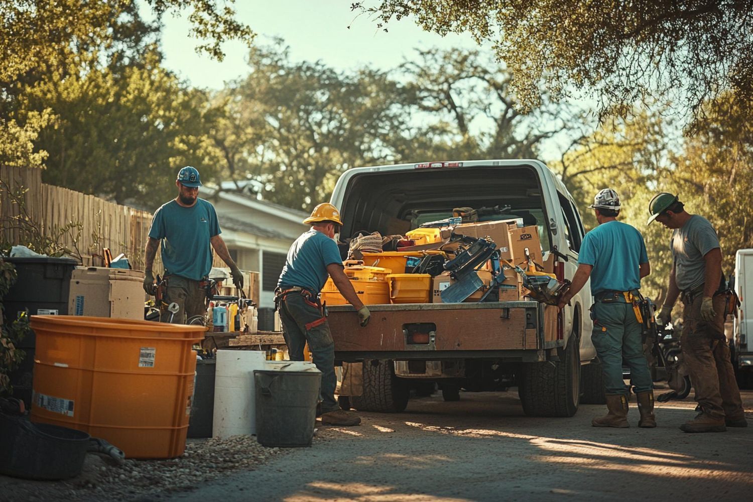 A group of construction workers are loading a truck with tools.