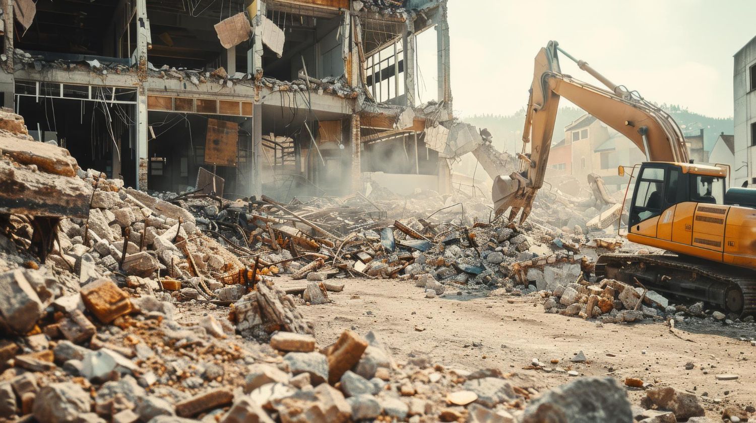 A large building is being demolished by a bulldozer.