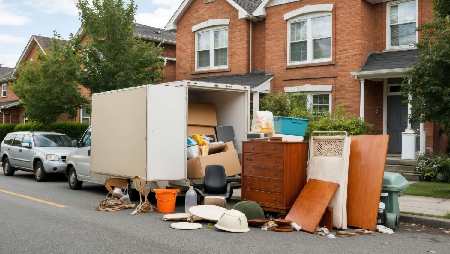 A truck filled with junk is parked in front of a brick house.