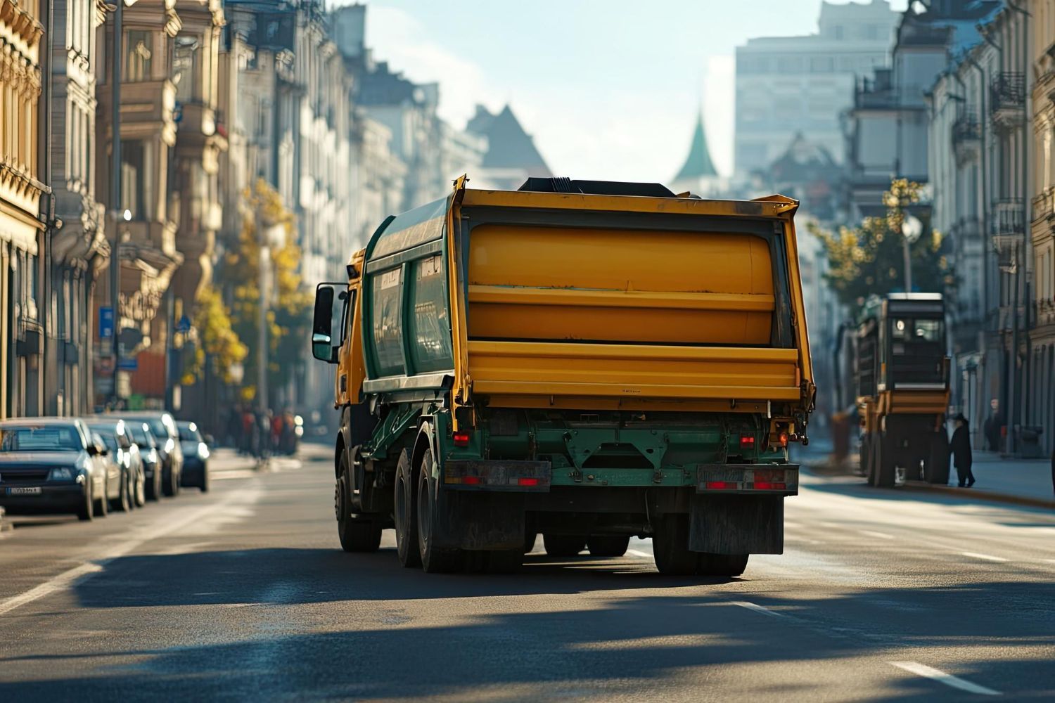 A dump truck is driving down a city street.