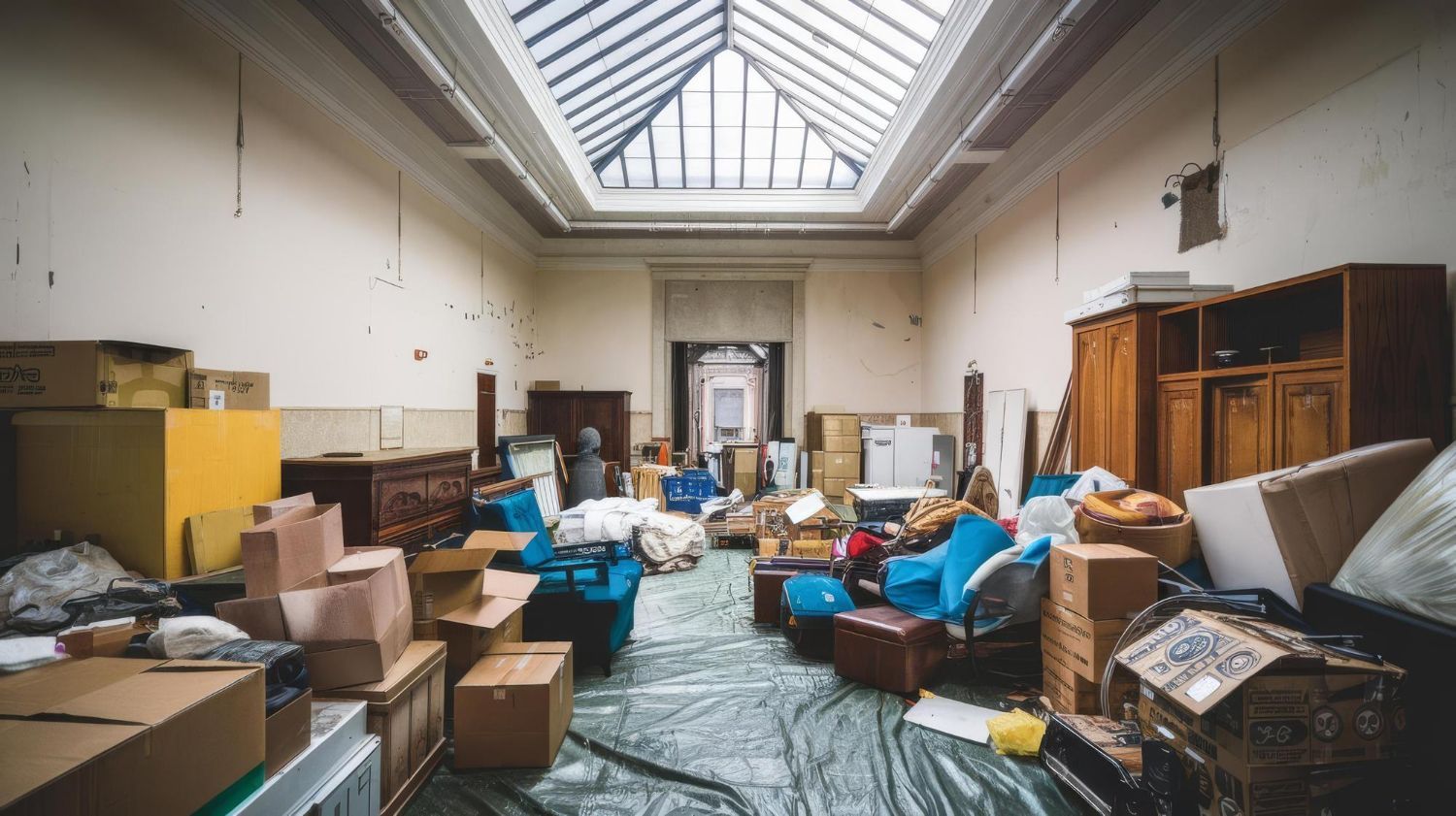 A large room filled with lots of boxes and furniture.