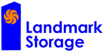 Blue logo with an orange swirl inside a blue rectangle, "Landmark Storage" text.