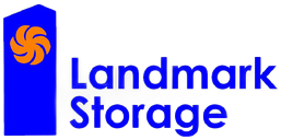 Blue logo with an orange swirl inside a blue rectangle, "Landmark Storage" text.