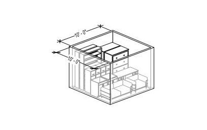 Isometric view of a storage unit, showing furniture and dimensions of 10x10 feet.