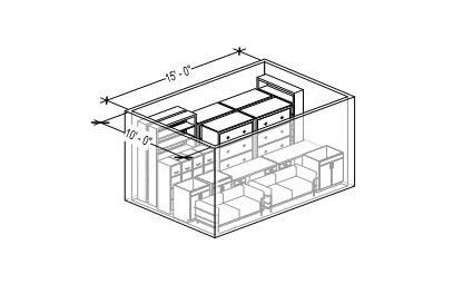 Isometric view of storage unit; dimensions marked as 10' x 15'. Furniture and boxes are arranged inside.