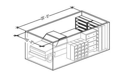 Isometric view of a truck inside a storage unit with furniture. Storage unit dimensions: 20' x 10'.