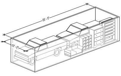 A storage unit containing two pickup trucks, furniture, and boxes, illustrating storage capacity, with dimensions 35' x 10'.