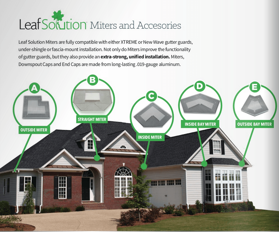 Leaf solution miters and accessories are shown on a house