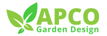 the logo for apco garden design has green leaves on it .