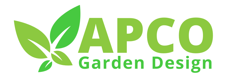the logo for apco garden design has green leaves on it .