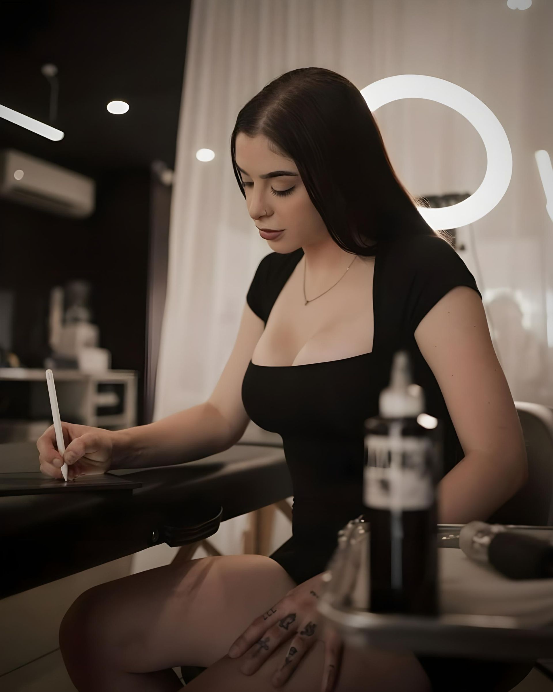 A woman in a black dress is sitting at a table with a pen in her hand — Tattoo Inc Studio In Broadbeach, QLD