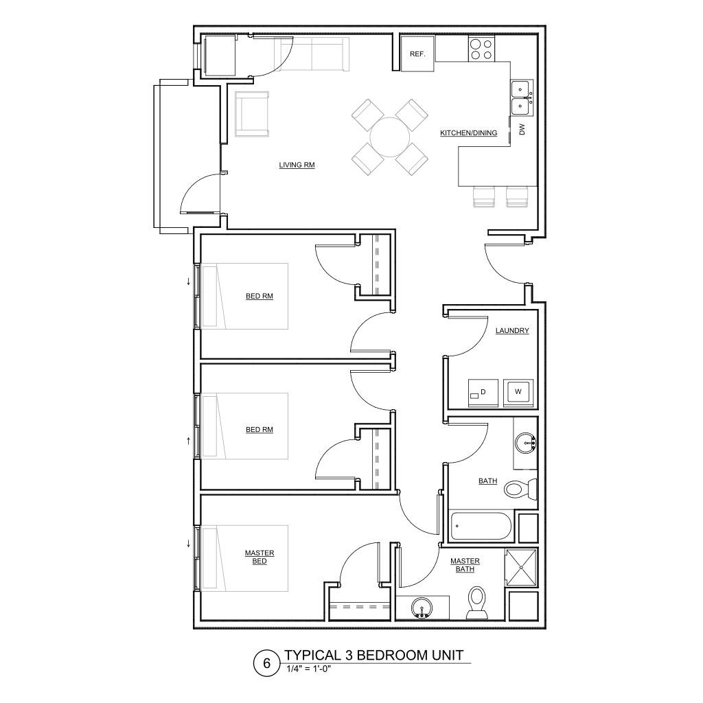 a black and white floor plan of a typical 3 bedroom unit