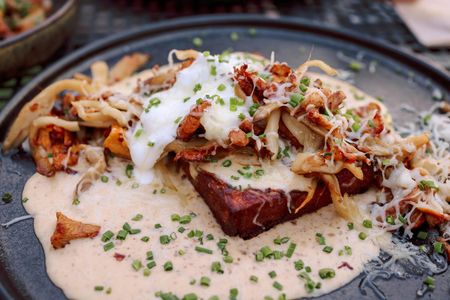 Plat : tofu poêlé aux champignons et à la sauce crémeuse, garni de ciboulette.