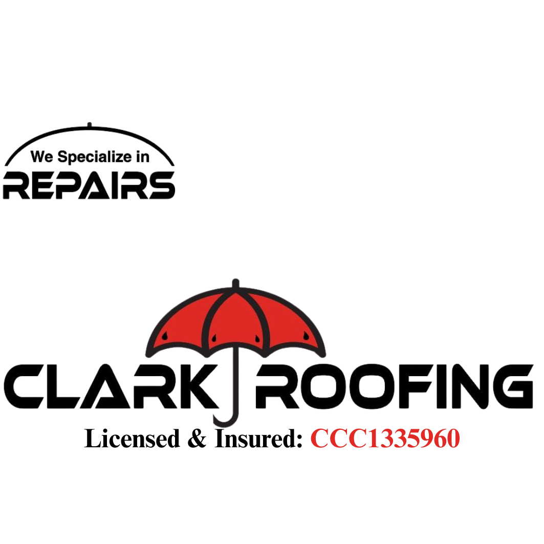 Logo for Clark Roofing: Red umbrella over the company name. 