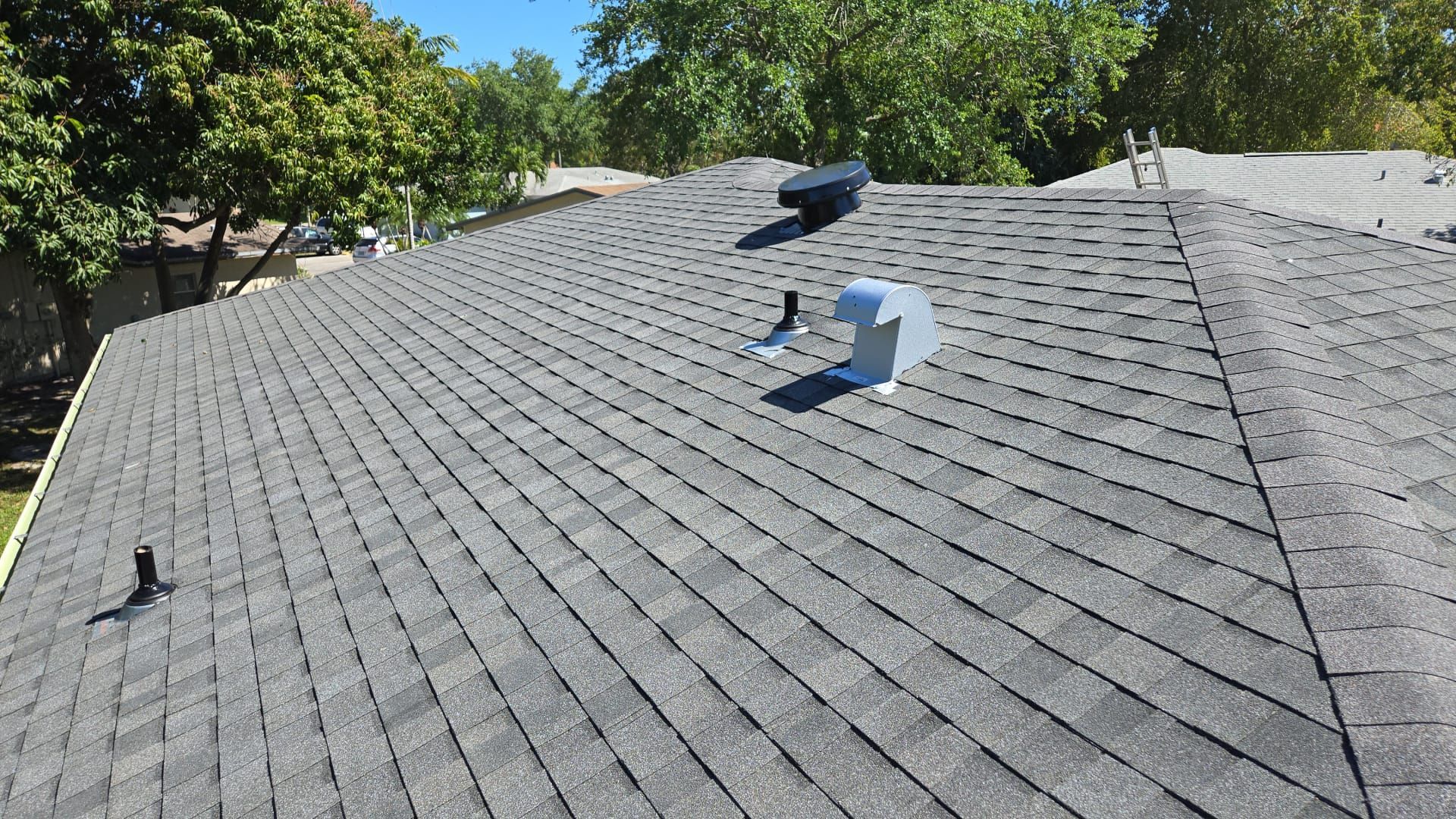 Gray asphalt shingle roof with vents. Green trees and blue sky in the background.