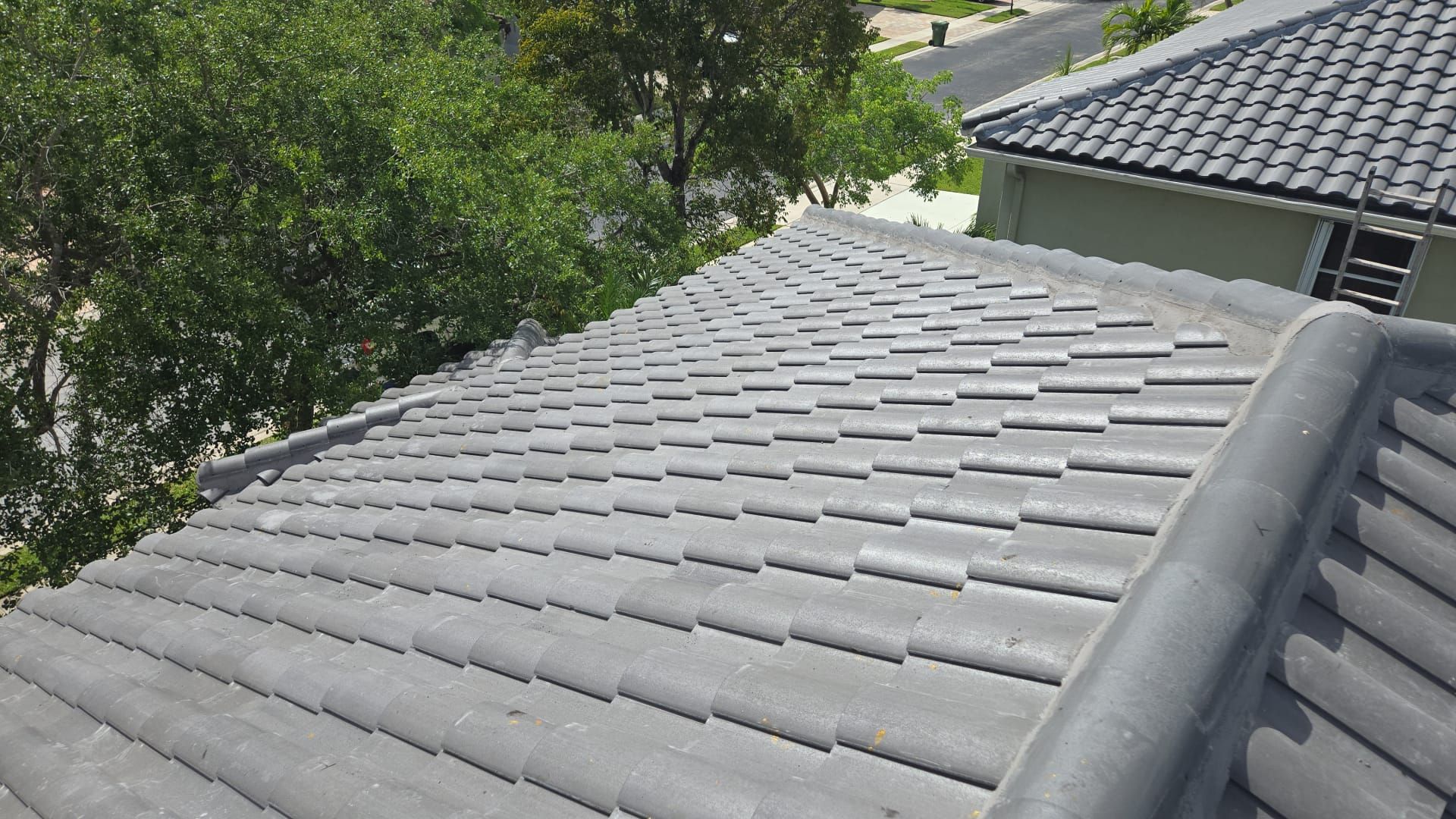 Grey tile roof on a house, with trees in the background and a glimpse of the street.