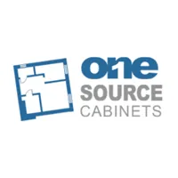 A logo for one source cabinets with a blue floor plan.