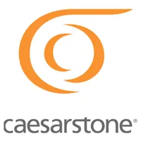 A caesarstone logo with an orange swirl on a white background