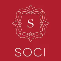 A logo for a company called soci on a red background.