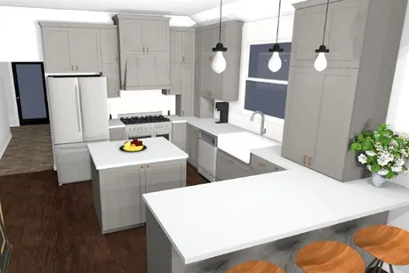 A computer generated image of a kitchen with gray cabinets and white counter tops.