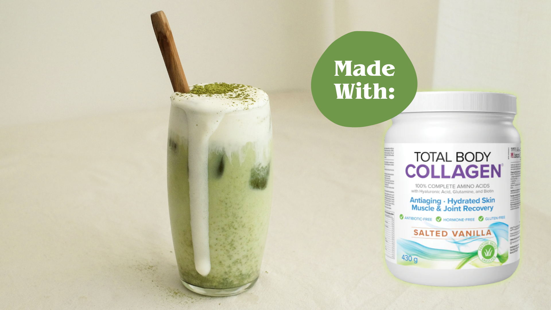 An iced Matcha Latte in a glass with Natural Factors Collagen