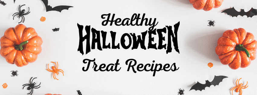 Halloween decorations on the side. Text reads: Healthy Halloween Recipes