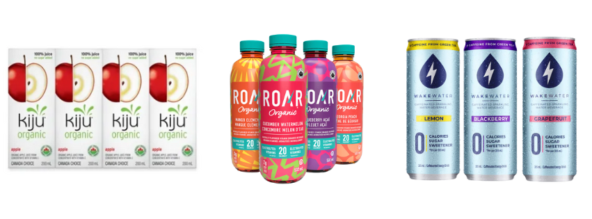 Kiju Juice Boxes, Roar Organic Water and WakeWater cans