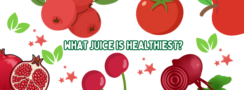 A pomegranate, leaves and other various fruits surround a green text saying: What juice is healthy