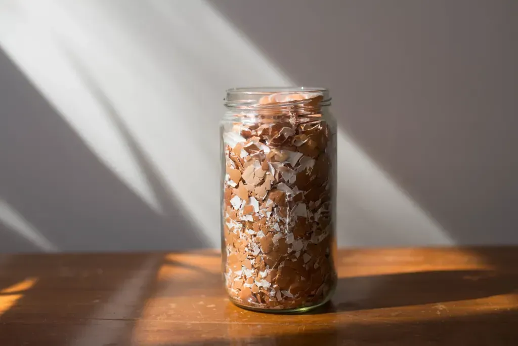 glass mason jar with crushed egg shells in it