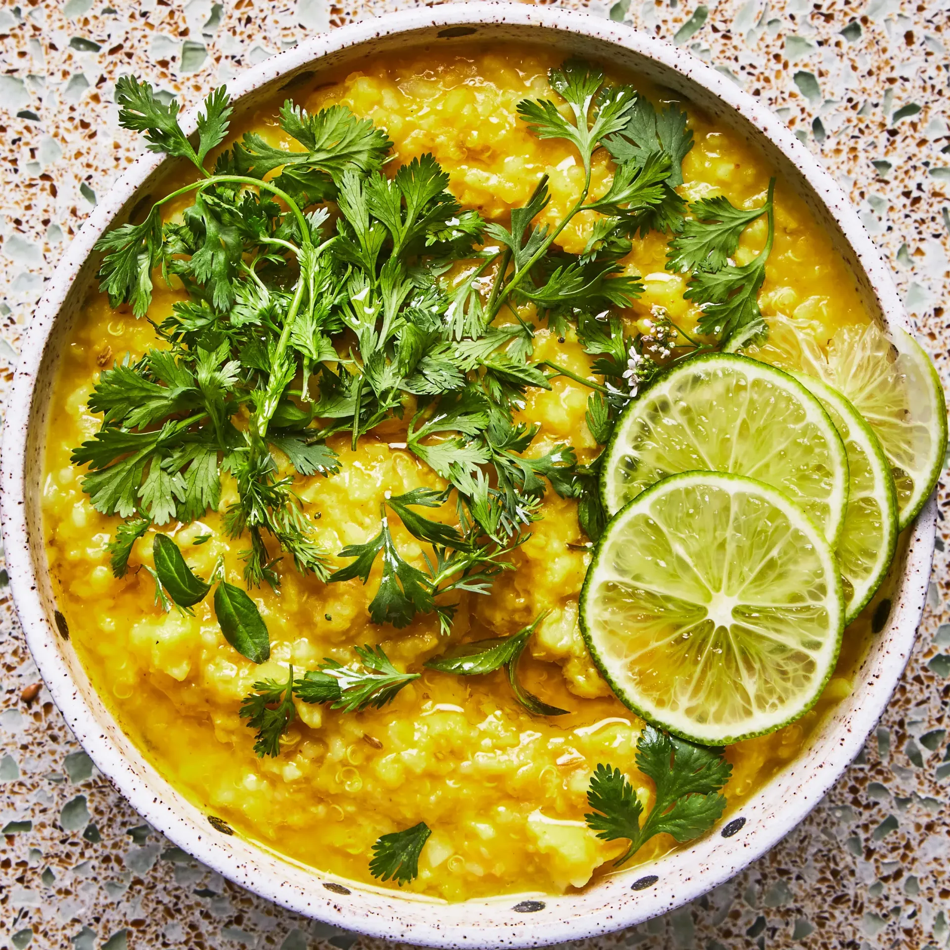 Panchakarma dish with herbs and limes on top