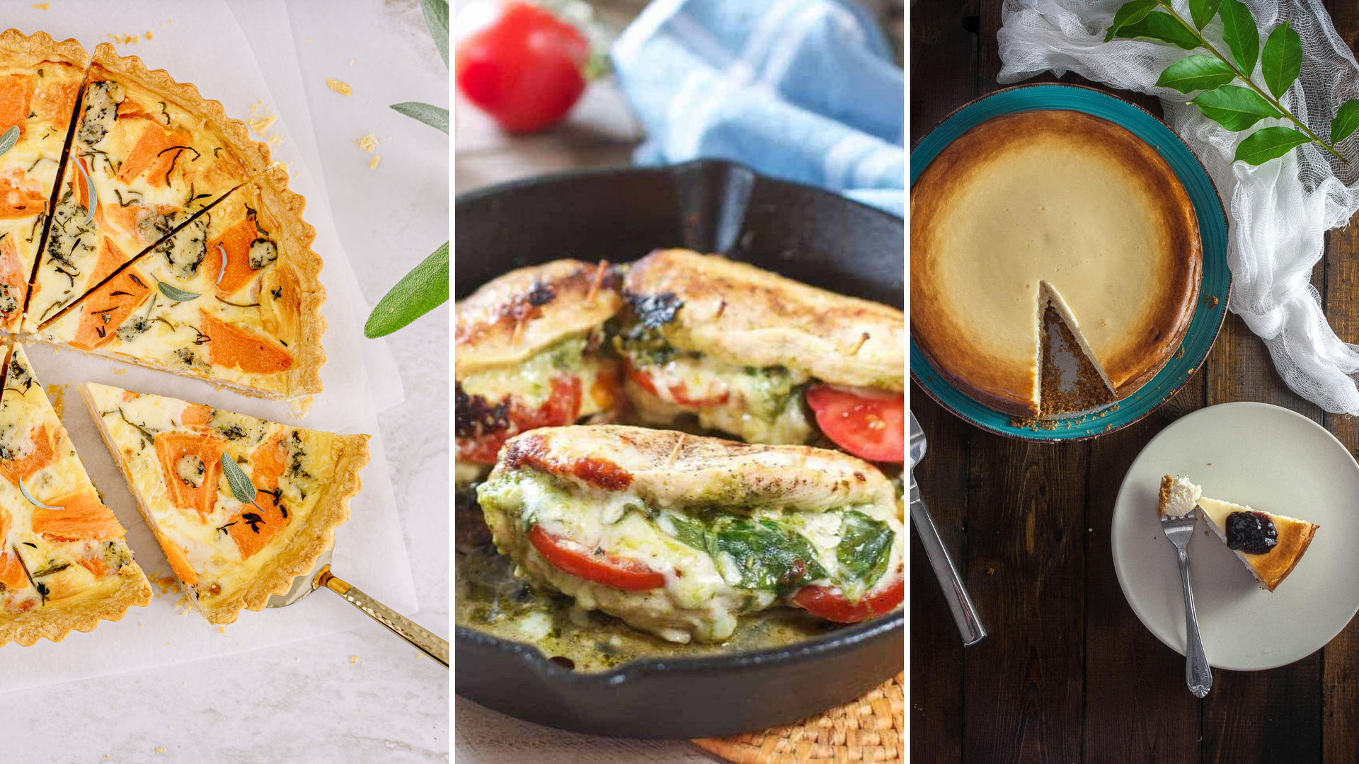 quark quiche, cheesecake, and stuffed chicken breasts